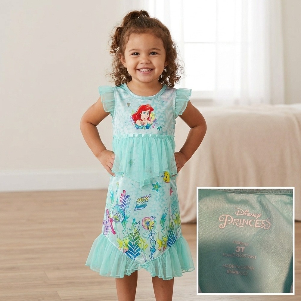 Disney Princess Nightgown Kids 3T Teal Excellent Ariel Little Mermaid Flounder